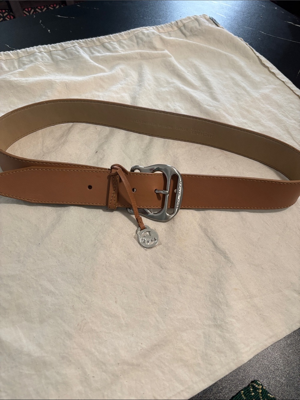 Michael Kors Cognac Leather Belt with Silver Buckle and Logo Charm